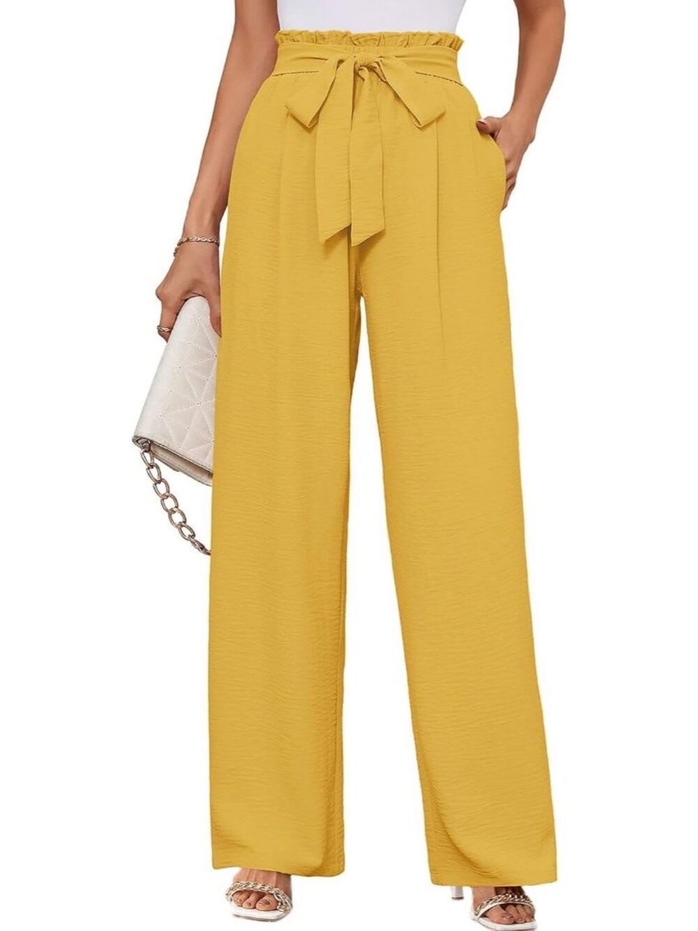 Women's Yellow Wide Leg Pant High Waisted Tie Knot Loose Comfy Casual Trouser